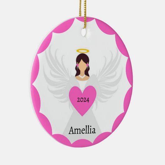 Moderne Roze Kerst Engel Hart Aangepaste Naam Jaar Keramisch Ornament (Rechts)