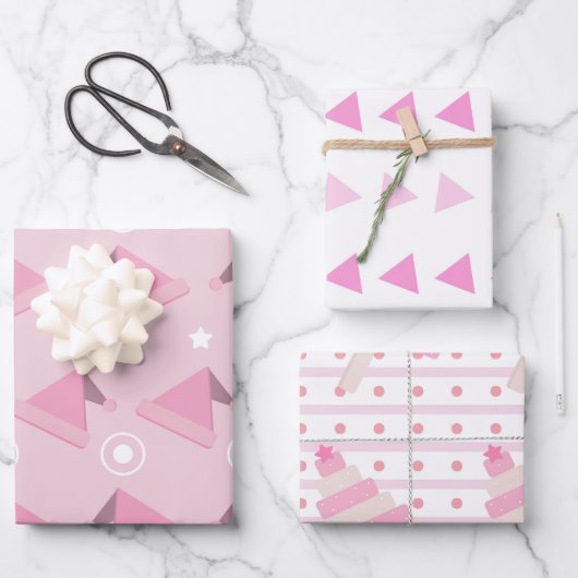 Moderne Roze Kerst Patroon Set van 3 Inpakpapier Vel (Voorkant)