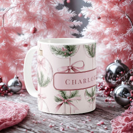 Moderne Roze Kerstbal Gepersonaliseerde Mok