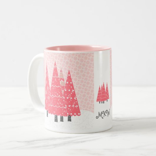 Moderne Roze Kerstbomen Monogram Tweekleurige Koffiemok (Voorkant links)