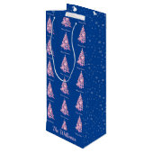 Moderne Roze Kerstboom Aangepaste Naam Blauw Wijn Cadeautas (Achterkant Gekanteld)