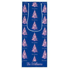 Moderne Roze Kerstboom Aangepaste Naam Blauw Wijn Cadeautas