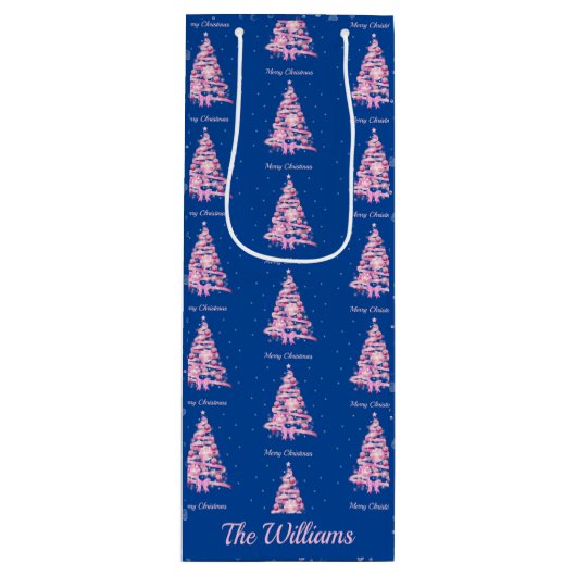 Moderne Roze Kerstboom Aangepaste Naam Blauw Wijn Cadeautas (Voorkant)