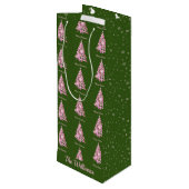 Moderne Roze Kerstboom Aangepaste Naam Groen Wijn Cadeautas (Achterkant Gekanteld)