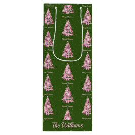 Moderne Roze Kerstboom Aangepaste Naam Groen Wijn Cadeautas