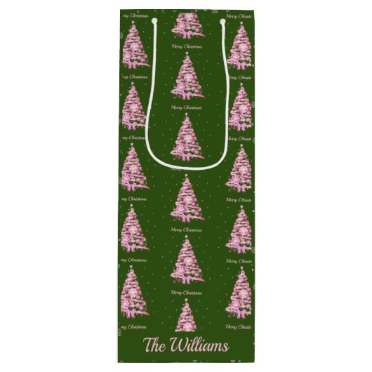 Moderne Roze Kerstboom Aangepaste Naam Groen Wijn Cadeautas (Voorkant)