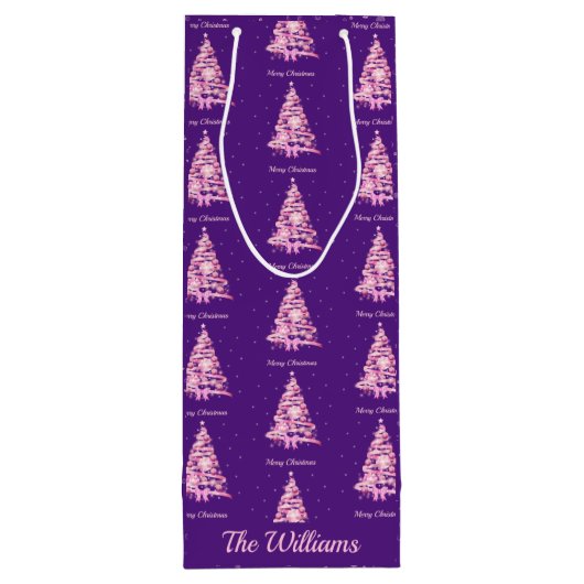 Moderne Roze Kerstboom Aangepaste Naam Paarse Wijn Cadeautas (Achterkant)