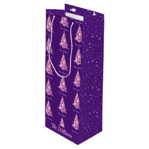 Moderne Roze Kerstboom Aangepaste Naam Paarse Wijn Cadeautas