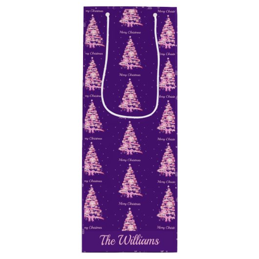 Moderne Roze Kerstboom Aangepaste Naam Paarse Wijn Cadeautas (Voorkant)