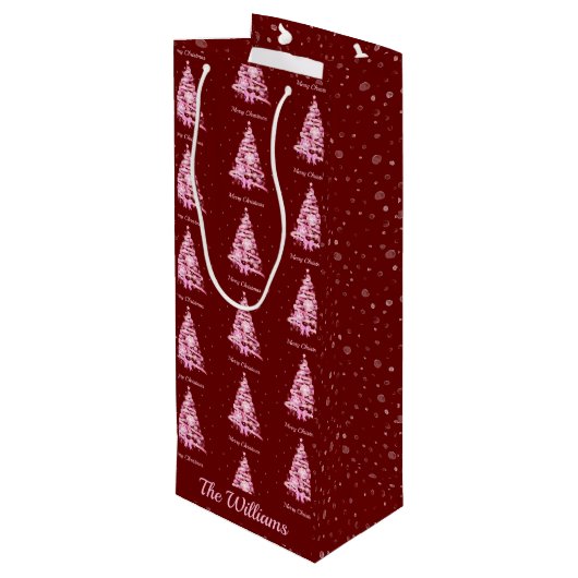 Moderne Roze Kerstboom Aangepaste Naam Rood Wijn Cadeautas (Achterkant Gekanteld)