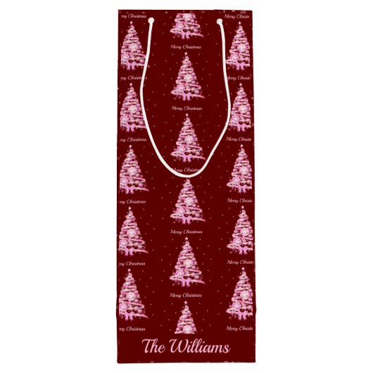 Moderne Roze Kerstboom Aangepaste Naam Rood Wijn Cadeautas (Achterkant)