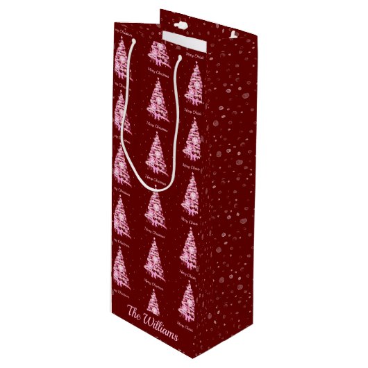 Moderne Roze Kerstboom Aangepaste Naam Rood Wijn Cadeautas (Voorkant Gekanteld)