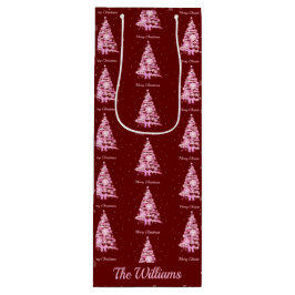 Moderne Roze Kerstboom Aangepaste Naam Rood Wijn Cadeautas