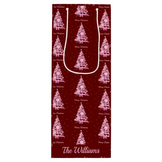 Moderne Roze Kerstboom Aangepaste Naam Rood Wijn Cadeautas (Voorkant)