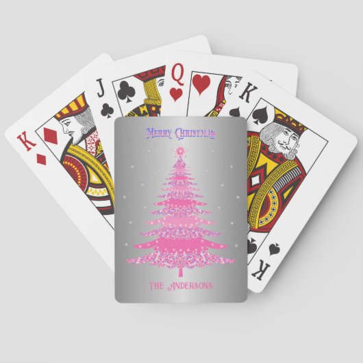 Moderne Roze Kerstboom Aangepaste Naam Zilveren Fo Pokerkaarten (Achterkant)