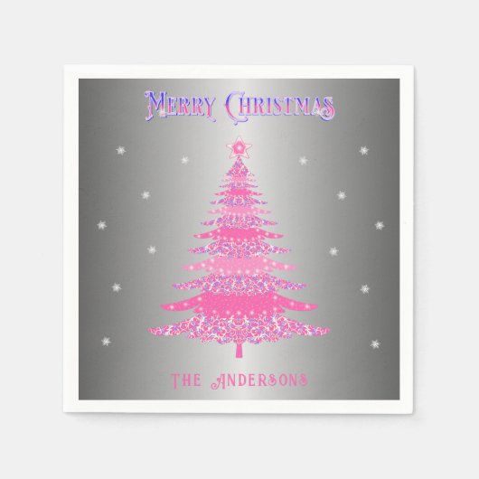 Moderne Roze Kerstboom Aangepaste Naam Zilveren Fo Servet (Voorkant)