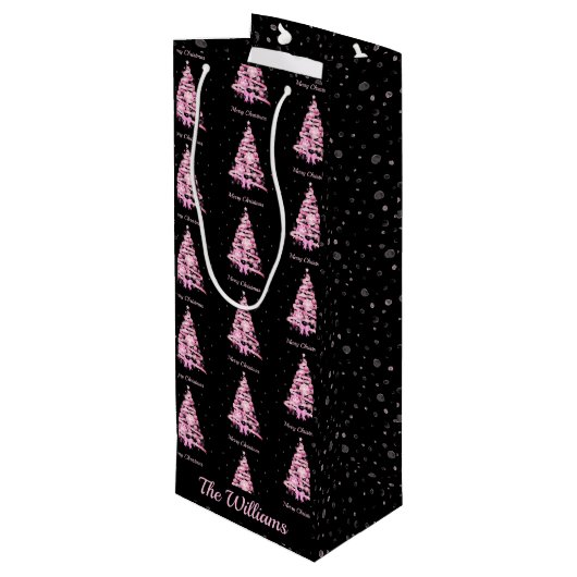 Moderne Roze Kerstboom Aangepaste Naam Zwart Wijn Cadeautas (Achterkant Gekanteld)