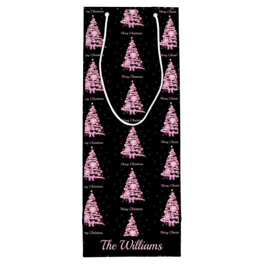 Moderne Roze Kerstboom Aangepaste Naam Zwart Wijn Cadeautas (Achterkant)