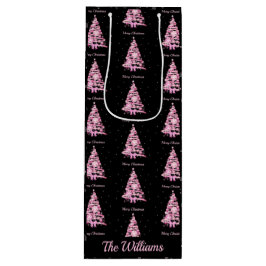 Moderne Roze Kerstboom Aangepaste Naam Zwart Wijn Cadeautas