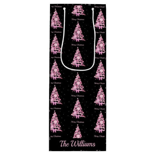 Moderne Roze Kerstboom Aangepaste Naam Zwart Wijn Cadeautas (Voorkant)