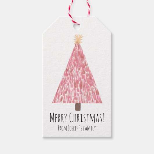 Moderne roze kerstboom cadeaulabel (Voorkant)
