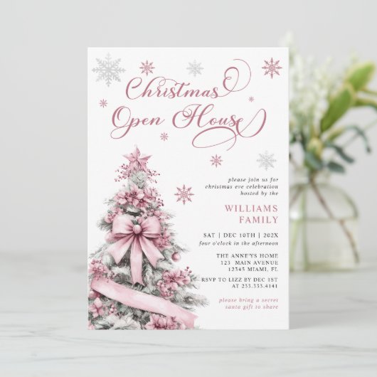 Moderne Roze Kerstboom Open House Party Kaart (Staand voorkant)