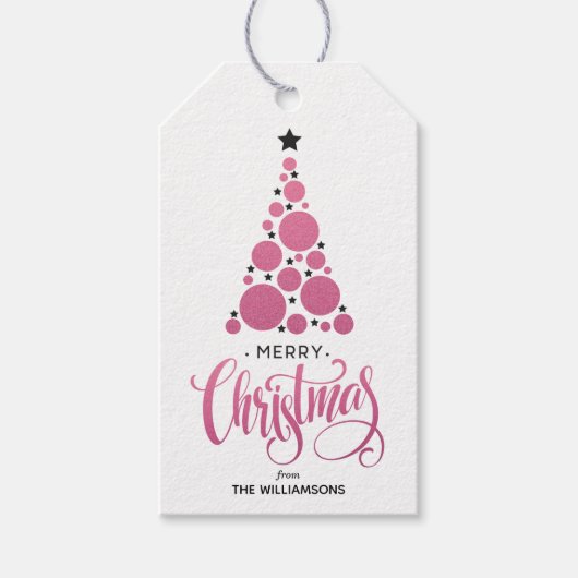 Moderne roze kerstboomfeestdag cadeaulabel (Voorkant)