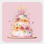 Moderne roze kleurrijke verjaardagstaart vierkante sticker (Voorkant)