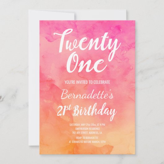 Moderne roze koraal waterverf ombre 21st Birthday Kaart (Voorkant)