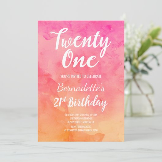 Moderne roze koraal waterverf ombre 21st Birthday Kaart (Staand voorkant)