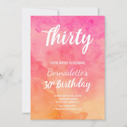 Moderne roze koraal waterverf ombre 30ste Verjaard Kaart (Voorkant)