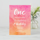 Moderne roze koraal waterverf ombre first Birthday Kaart (Staand voorkant)