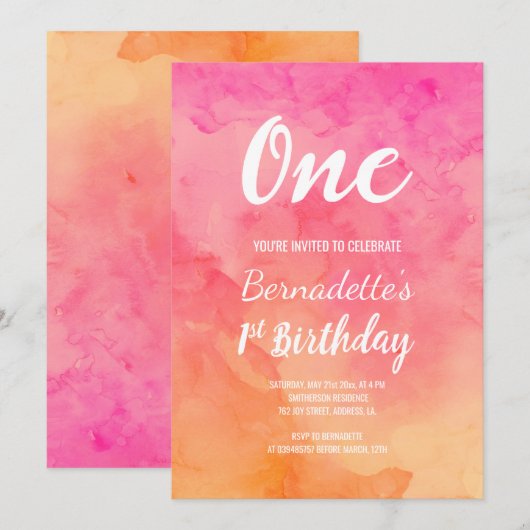 Moderne roze koraal waterverf ombre first Birthday Kaart (Voorkant / Achterkant)