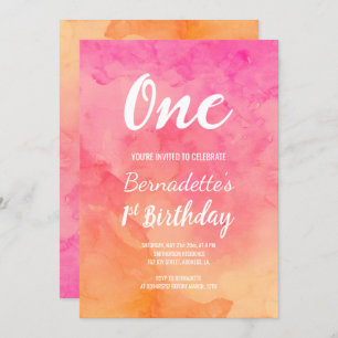 Moderne roze koraal waterverf ombre first Birthday Kaart
