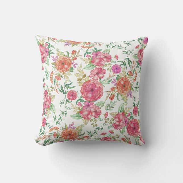 Moderne roze koraalgroene waterverf florale rozen buitenkussen (Voorkant)