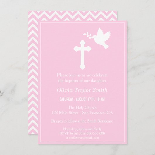 Moderne Roze Kruis en Dove Doop Uitnodigingen (Voorkant / Achterkant)