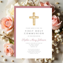 Moderne Roze Kruis Religieus Meisje Eerste Communi