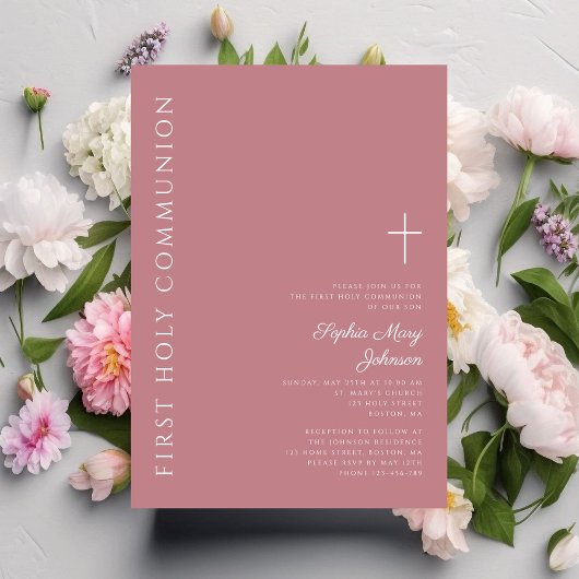 Moderne roze kruiselingse Eerste Communie Kaart