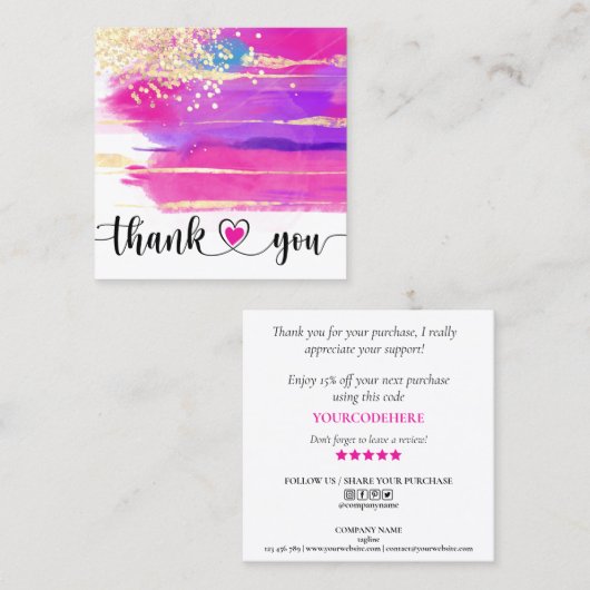 Moderne roze kunstborstel Bedankt voor uw bestelli Vierkante Visitekaartje (Voorkant / Achterkant)