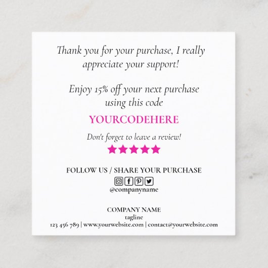 Moderne roze kunstborstel Bedankt voor uw bestelli Vierkante Visitekaartje (Achterkant)