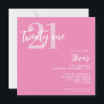 Moderne roze legant 21ste verjaardag kaart<br><div class="desc">Een eenvoudige moderne 21ste verjaardagsuitnodiging met elegante kalligrafie script-typografie en minimalistisch design in roze en witte kleur.</div>