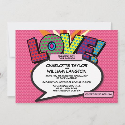 Moderne Roze Liefdesstrip Bruiloft Kaart (Voorkant)