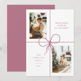 Moderne Roze Lint Boog Wrap 2 Foto Kerstmis Feestdagenkaart