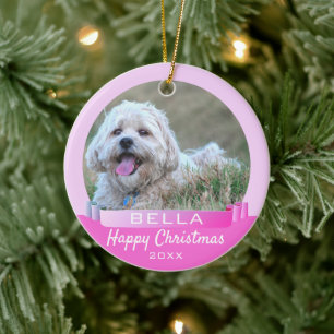 Moderne Roze Lint Hond of Huisdier Foto Kerstmis Keramisch Ornament