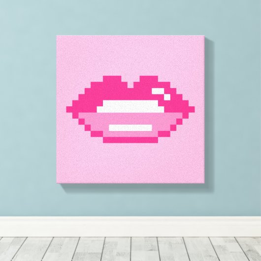 Moderne roze lippen kus pixel art canvas print (Insitu (Houten vloer))