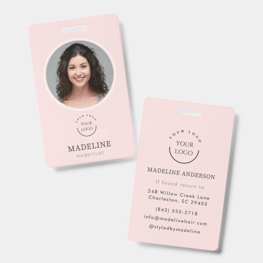 Moderne Roze Logo Foto Haarstylist Badge (Voor- en achterkant)