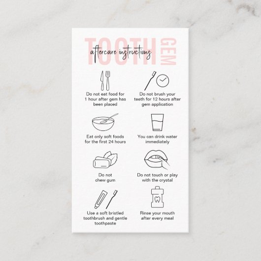 Moderne roze Logo Tooth Gem Aftercare Instructions Visitekaartje (Voorkant)