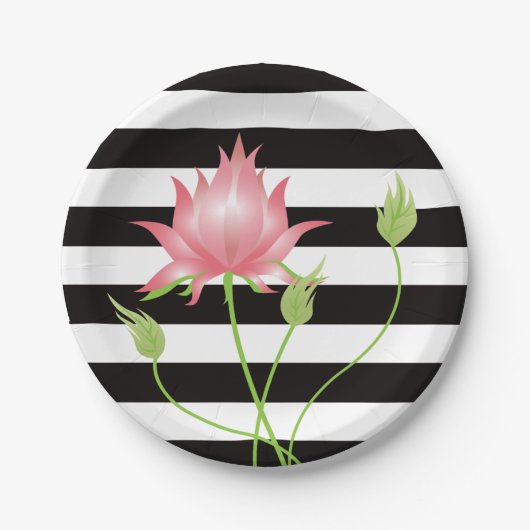 Moderne roze Lotus Floral Stripes Papieren Bordje (Voorkant)