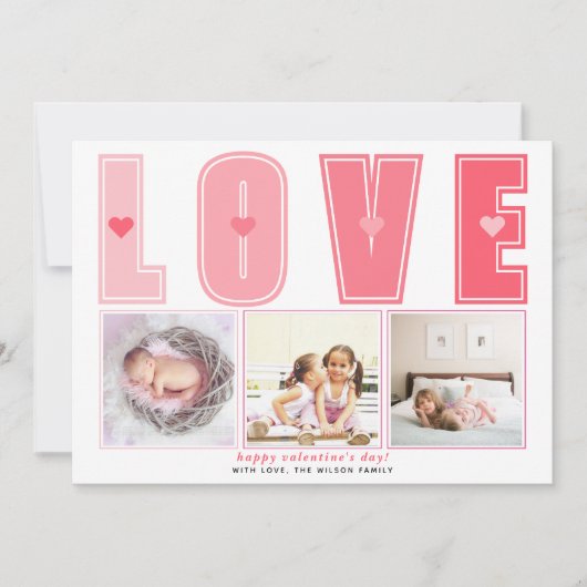 Moderne roze LOVE Valentijnsdag harten foto Feestdagenkaart (Voorkant)