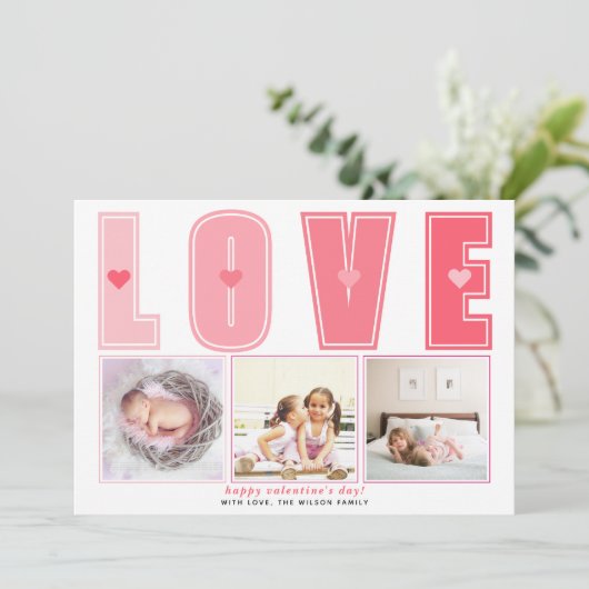 Moderne roze LOVE Valentijnsdag harten foto Feestdagenkaart (Staand voorkant)